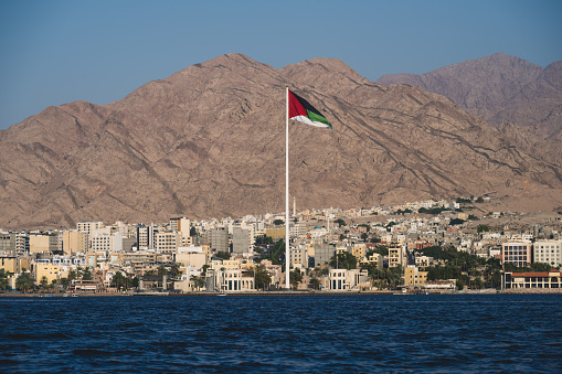 Aqaba Flagpole with the Great Flag of the Arab Revolt or Flag of the Hejaz
