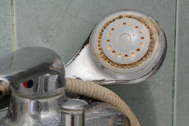 istock Shower limescale. Dirty shower head with limescale and rust. Selective focus, shallow depth of field 1467664210