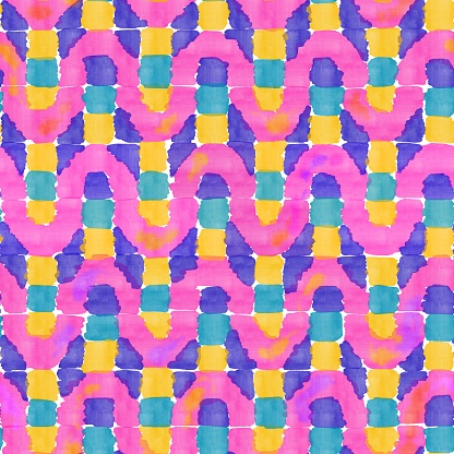 Pop art geometric watercolor seamless pattern. Colorful wavy and checkered pattern. Composed pattern drawn with markers. Pink wave. Yellow and dark blue chess texture. 70s style batik.