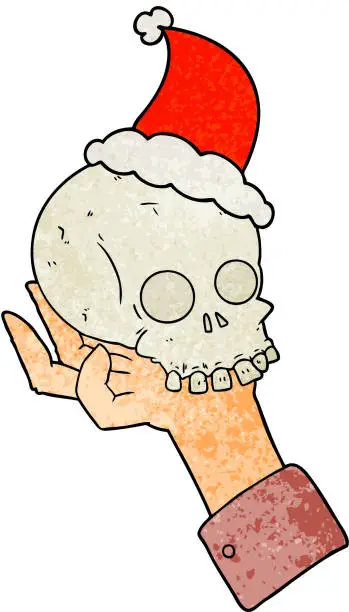 Vector illustration of hand drawn textured cartoon of a hand holding skull wearing santa hat