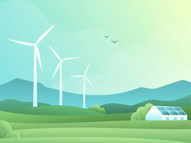 Vector illustration of Rural spring landscape with fields, hills, wind turbine and barn or house with solar panels. Vector illustration of countryside. Green energy concept. Clean electric energy from renewable sources