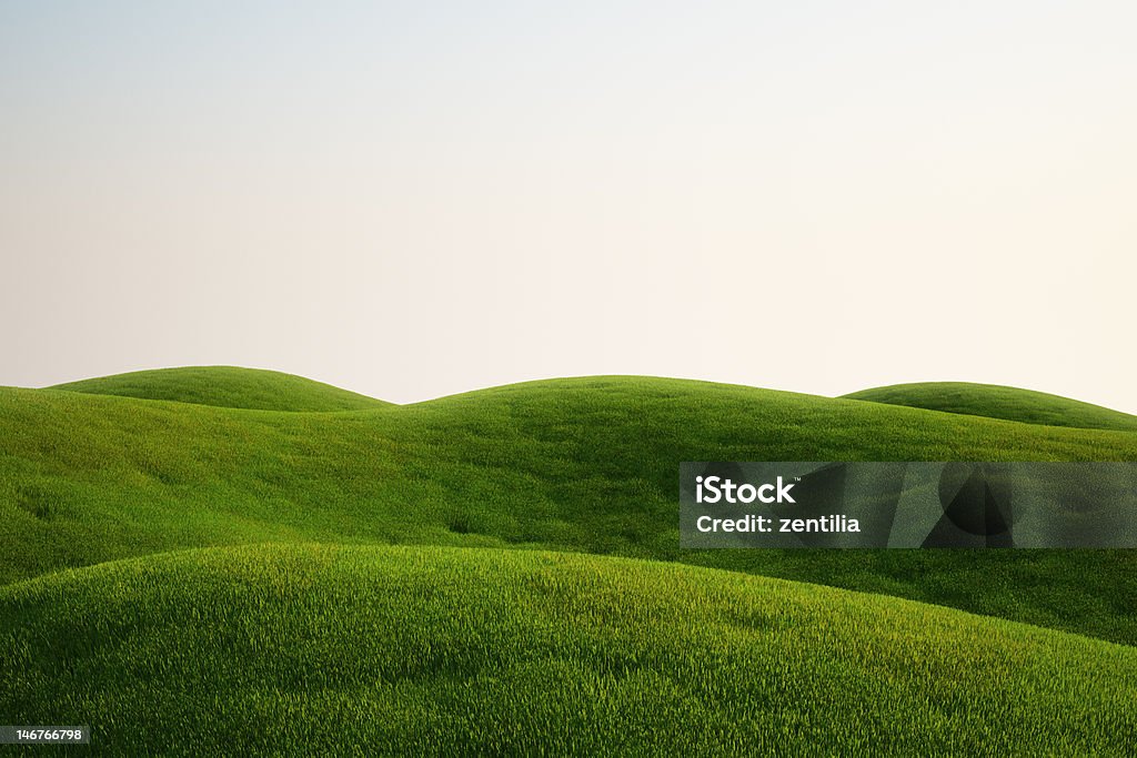 A field full of green grass and hills 3d rendering of a green field Hill Stock Photo