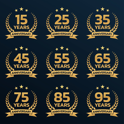 Anniversary icon or logo set with laurel wreath. 15, 25, 35, 45 ,55, 65, 75, 85, 95 years jubilee, birthday golden badge, label or emblem. Celebration design element. Vector illustration.