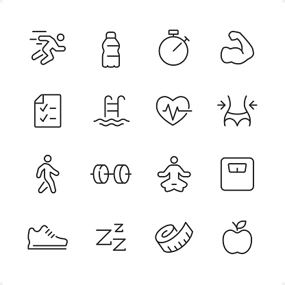 Fitness icons set #45 

Specification: 16 icons, 64×64 pх, editable stroke weight! Current stroke 2 pt. 

Features: pixel perfect, unicolor, editable stroke weight, thin line. 

First row of  icons contains:
Running Person, Water Bottle, Stopwatch, Muscular Build;

Second row contains: 
Food Diary, Swimming Pool, Cardio Load, Waist Measuring;

Third row contains: 
Walking, Dumbbell icon, Lotus Position (Yoga), Weight Scale; 

Fourth row contains: 
Sports Shoe, Sleeping, Tape Measure, Apple - Fruit.

Complete Cubico collection — https://www.istockphoto.com/uk/collaboration/boards/_R8CZuIXmUiUCIbekezhFA