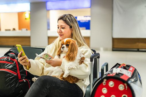 Woman traveling with her dog is waiting for her flight at the airport
