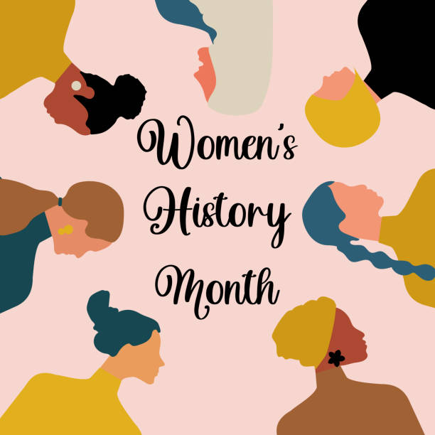 Women's History Month. Women of different ages, nationalities and religions come together. Pink poster. Vector. Women's History Month. Women of different ages, nationalities and religions come together. Pink poster. Vector. women history month stock illustrations
