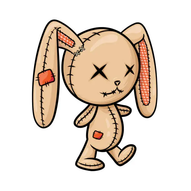 Vector illustration of Crazy voodoo rabbit. Colored cute evil rabbit isolated. Sewn voodoo bunny walking through. Vector illustration.