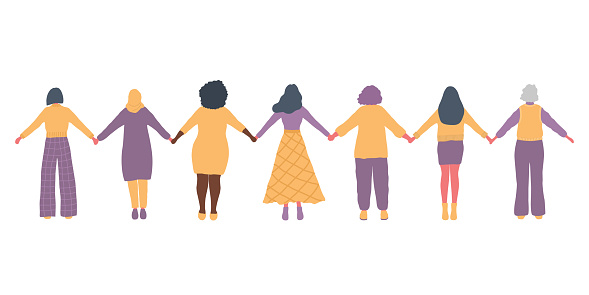 Women are holding hands. Back view. International Women's Day concept. Women's community. Female solidarity. Vector illustration