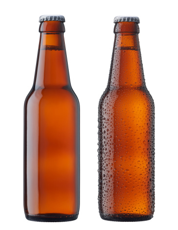 two bottles of beer, with and without water drop