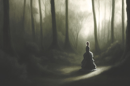 Illustration of beautiful woman lost in a dark magic forest, surreal concept