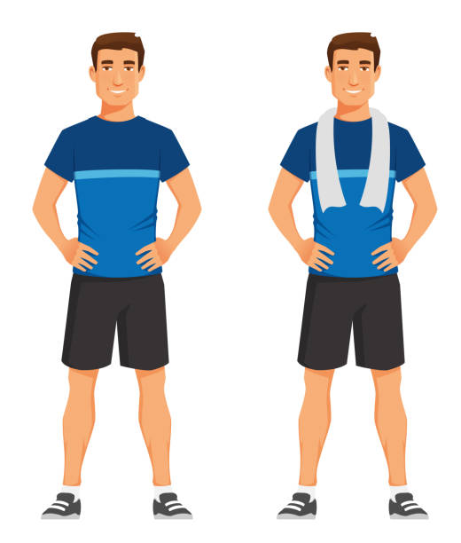 ilustrações de stock, clip art, desenhos animados e ícones de young man in blue t-shirt and shorts, ready for his workout. - shorts