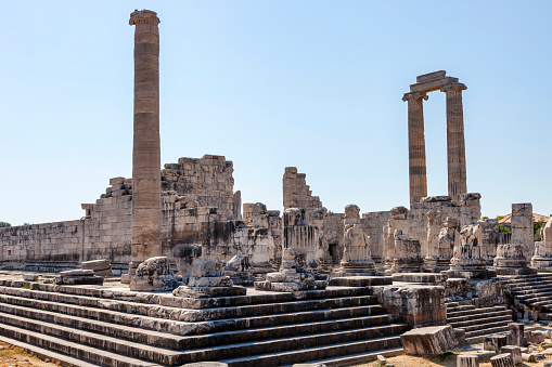 Panoramic view of Erechtheion or Erechtheum - temple of Athena and Poseidon - within ancient Athenian Acropolis complex atop Acropolis hill in Athens, Greece