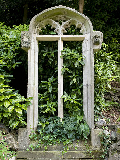 A ruined gothic arch in a garden in Norwich, England, with green foliage growing through the windows.