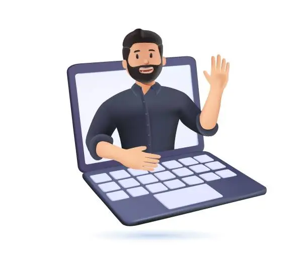 Vector illustration of 3D online communication concept with happy man. Man gesturing hi during remote virtual call. Business person on laptop