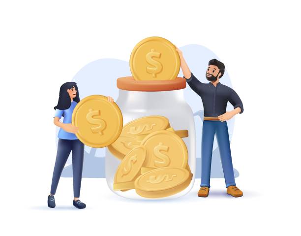 3D family couple saving money in jar. Man and woman inserting cash into glass jar 3D concept. Vector illustration 3D family couple saving money in jar. Man and woman inserting cash into glass jar 3D concept. Vector illustration for finance, deposit, economy, investment, banking, concept 3D illustration vector stacking food containers stock illustrations