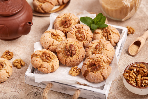 Walnut butter cookies with brown sugar. Delicious homemade dessert.