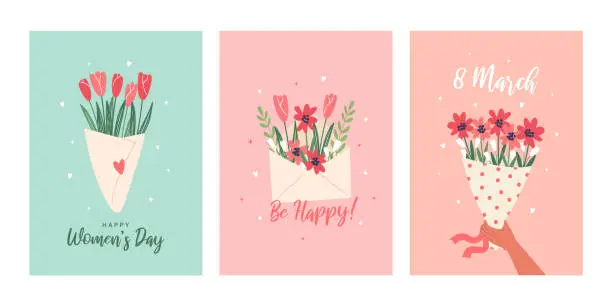 Vector illustration of Happy Women's Day. Collection of lovely cute greeting cards with a bouquet of flowers and envelope with flowers. Festive vector illustration for the celebration of March 8.