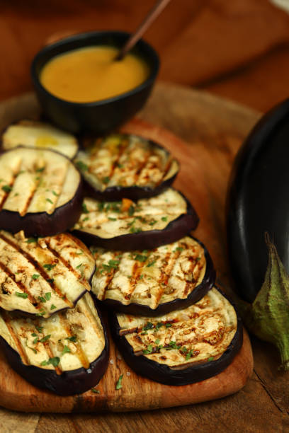 istock Grilled eggplant with mustard sauce. 1467685278