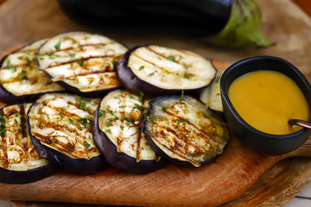 istock Grilled eggplant with mustard sauce. 1467685287