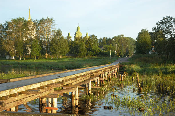 View of ancient town Kargopol from quay, north Russia