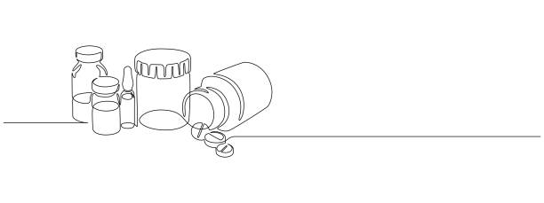 ilustrações de stock, clip art, desenhos animados e ícones de one continuous line drawing of medicine set with pills. pharmaceutical components and capsules in container with drugs symbols in simple linear style. editable stroke. doodle vector illustration - perscription capsule frame pill