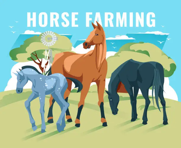 Vector illustration of horse family on a green meadow against the background of trees and blue sky. Vector flat illustration. Agriculture, farming and cattle breeding