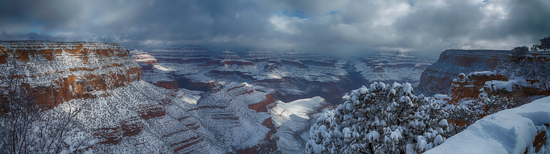 Panorama of the Grand Canyon in the snow during the winter