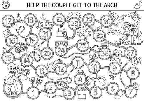 Wedding black and white dice board game for children with cute just married couple, bride, groom, arch. Marriage ceremony boardgame.  Matrimonial printable activity, coloring page