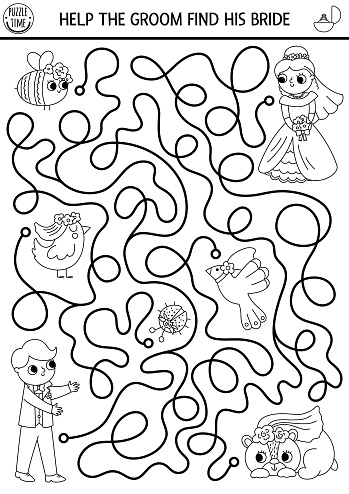 Wedding black and white maze for kids with just married couple, bride, groom, animals wearing veil. Marriage ceremony preschool printable activity, coloring page. Matrimonial labyrinth game