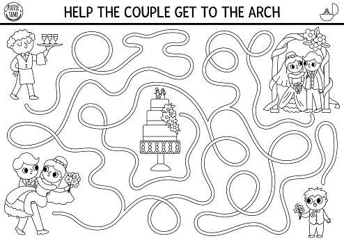 Wedding black and white maze for kids with bride, groom, cake. Marriage ceremony preschool printable activity, coloring page. Matrimonial labyrinth game. Help just married couple get to the arch