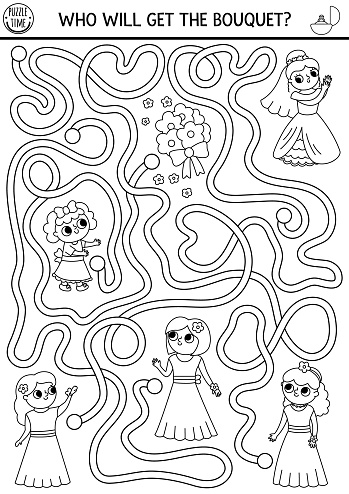 Wedding black and white maze for kids with bride, flower bouquets and bridesmaids. Marriage ceremony preschool printable activity. Matrimonial labyrinth game with cute girls in gowns