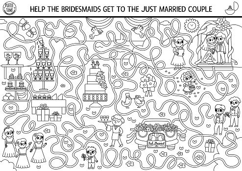 Wedding black and white maze for kids with bride, groom, cake, bridesmaids. Preschool printable activity with marriage ceremony scene. Matrimonial labyrinth coloring page