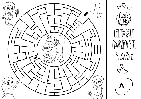 Wedding black and white maze for kids with dancing bride and groom. Marriage printable activity. Matrimonial labyrinth coloring page. Puzzle with just married couple and first dance