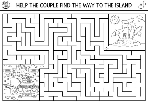 Wedding black and white maze for kids with bride and groom going to honeymoon. Marriage ceremony preschool printable activity with just married couple. Matrimonial labyrinth coloring page