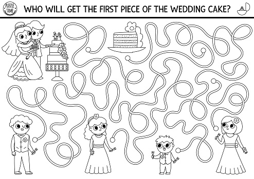 Wedding black and white maze for kids with bride and groom cutting the cake. Marriage ceremony preschool printable activity, coloring page. Matrimonial labyrinth game with guests