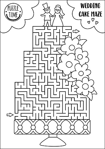 Wedding black and white maze for kids with big cake, bride and groom figurines. Marriage ceremony preschool printable activity. Matrimonial labyrinth coloring page with dessert and flowers