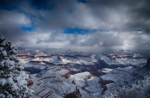 A view of the Grand Canyon in Winter in the snow