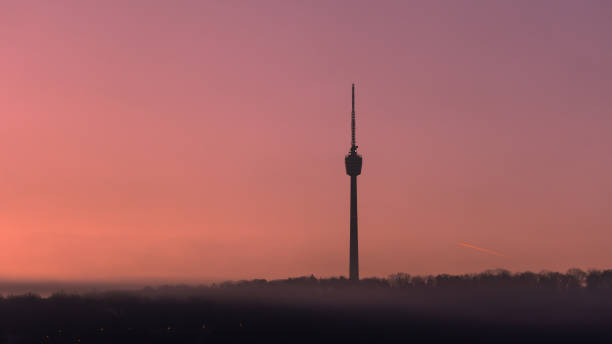 Scenic view of landmark Stuttgart TV Tower against pastel coloured clear sky, early morning, no clouds, February 15, 2023