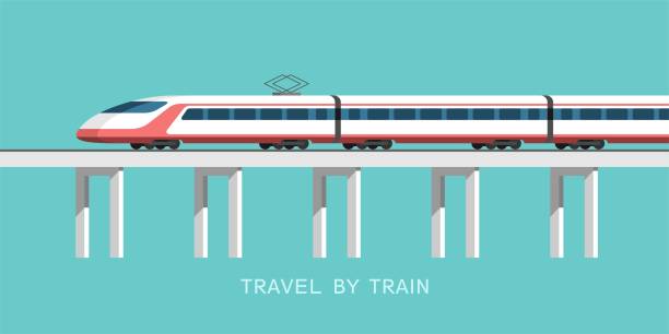ilustraciones, imágenes clip art, dibujos animados e iconos de stock de viaja en tren. puente ferroviario con tren. ilustración vectorial. - railway bridge