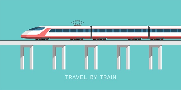 Modern speedy train moving on railroad at bridge. Travel by train. Vector illustration for mobile and web graphics.