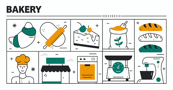 Bakery vector design. The design is editable and the color can be changed. Vector set of creativity icons:  Oven , Flour , Bead , Chef , Mixer , Cake