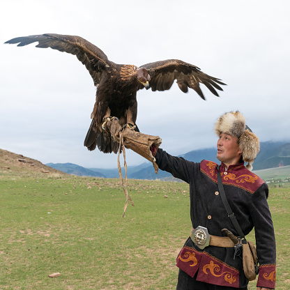 Issyk Kul, Kyrgyzstan - May 2022: Eagle trainer and his golden eagle, skilled in training eagles for hunting, using traditional techniques passed down through generations