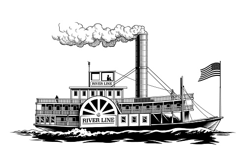 Paddle steamer, wheel passenger steamboat, riverboat or retro paddlewheel ship isolated on white background, engraving style black and white monochrome vector illustration