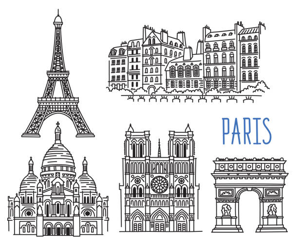 stockillustraties, clipart, cartoons en iconen met architecture, landmarks and monuments of paris, france - arc de triomphe