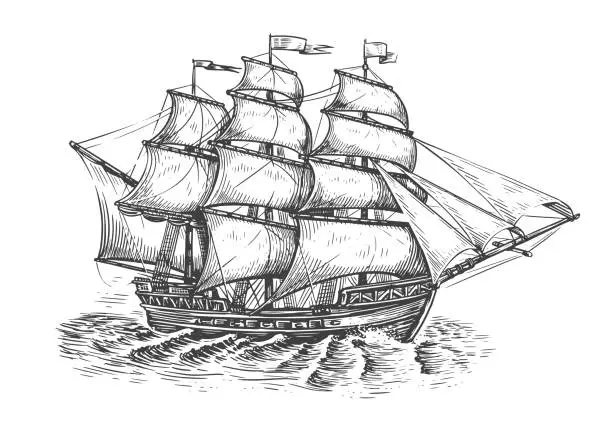 Vector illustration of Vintage sailboat drawn in vintage engraving style. Sailing ship sketch. Marine concept. Vector illustration
