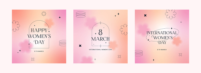 8 March. International Women's Day banner, set greeting card. Trendy gradients, blurred shapes, typography, y2k. Social media stories templates. Vector illustration for mobile apps, banner design and web ads.