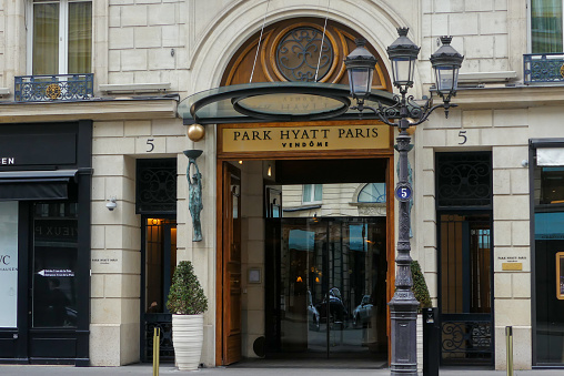 Paris, France. February 19. 2023. Luxury hotel with five star distinction. Parisian palace located Rue de la Paix.