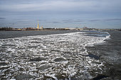 Winter view of the frozen Neva and the center of St. Petersburg
