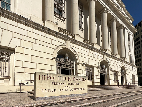 San Antonio, Texas, USA - February 2023: Front exterior view of the Hipolito F. Garcia Federal building and United States courthouse in the city centre