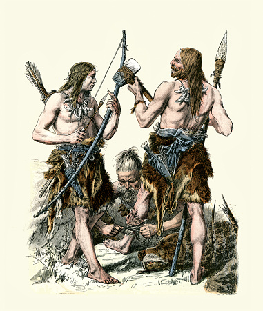 Vintage illustration Stone Age hunters, dressed in animal skins, armed with bow and arrow, Flint axe and spear, bone necklace, Ancient History